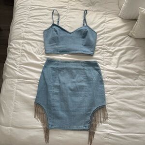 Denim Blue Skirt with Fringe Detail